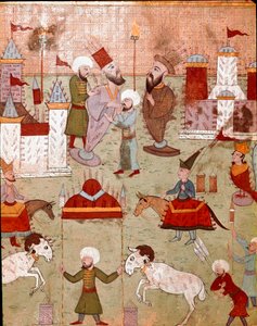 Festivities organized on the occasion of the circumcision of the son of the Ottoman Sultan Murad II, preparation of fireworks. Miniature of the 16th century. Istanbul, Topkapi Sarayi Museum Library by Ottoman School