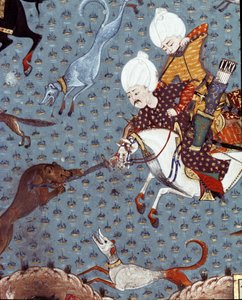 Representation of the courtiers of Sultan Murad II hunting the Fawn (detail). 17th century miniature. Istanbul, Topkapi Sarayi Museum Library