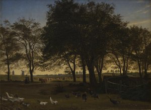 Scene at Iselingen. In the Background Vordingborg Church and Goose Tower. September Evening by P.C. Skovgaard