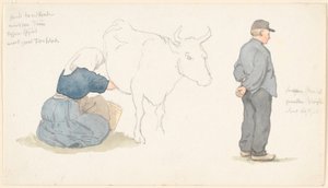 Study Sheet with Girl Milking a Cow, Farmer Standing to the Right by P.C. Skovgaard