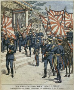 His Imperial Majesty Mutsuhito, Emperor of Japan, giving the flags to his troops, illustration from 
