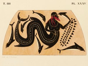 Print of the Decoration on a Greek Amphora, showing Poseidon accompanied by Dolphins, c. 1858 by P. Bineteau