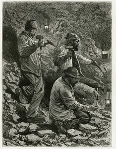 Miners extracting coal into the vein. Engraving by Ferat, to illustrate the story “Belgium”, by Camille Lemonnier. Published in Le Tour du monde, nouveau journal des voyages, 2nd semester 1884, edited by Edouard Charton by P. Ferat