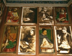 The Study of Federigo da Montefeltro, Duke of Urbino, clockwise from TL: Euclides of Megara, Greek philosopher (450-374 BC); Vittorino da Feltre, Italian educator (1378-1446); Solon, Athenian legislator by P. Joos van Gent and Berruguete