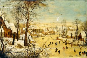A Village in Winter with a Birdtrap and Skaters on a frozen waterway by P. the Younger Brueghel