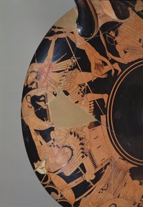 Detail of an attic red-figure cup depicting Neoptolemus trying to kill Priam with the corpse of Astyanax, c.490 BC (detail)