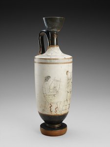 Shoulder Lekythos with White Ground Polychrome Painting of Funerary Scene, 450-440 BC by Painter Houston