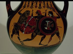 Attic black-figure amphora decorated with a scene of Heracles dressed in a lion skin fighting Cycnus, c.540 BC
