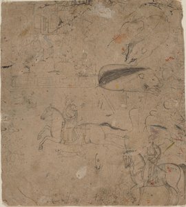 Page from a Sketchbook Showing Rulers on Horseback, Boars, and a Palace Scene