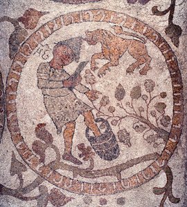 August: A Peasant Wearing a Phrygian Cap Picks the Grapes and Crushes it in a Bucket. The Sign of the Lion is Representative