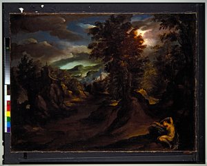 A wooded mountainous landscape with Antiope asleep