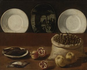 Still Life with Plates, a Sack Filled with Olives, Game, Pomegranates, and Quince by Paolo Antonio Barbieri