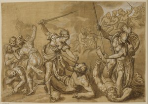 Justice, Mercury and Minerva Defeat the Vices While a Group of Goddesses Watch from the Clouds