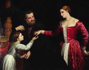A lady and gentleman with their daughter by Paris Bordone