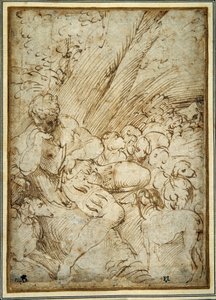 Shepherd Boy Holding a Pipe, Resting Under a Tree with His Dog Among Their Flock by Parmigianino