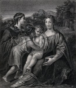 Saint Mary (the Blessed Virgin) with the Christ Child, Saint John the Baptist and Saint Mary Magdalene. Engraving after G.F.M. Mazzola, il Parmigianino. by Parmigianino