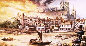 The Old Houses of Parliament Being Destroyed by Fire in 1834 by Pat (1907-95) Nicolle