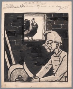 Man Sharpening Knife While the French Rooster Crows