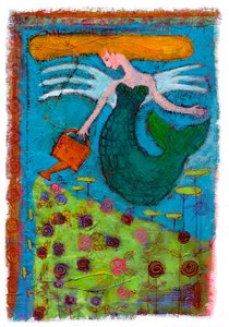A mermaid watering a field of flowers