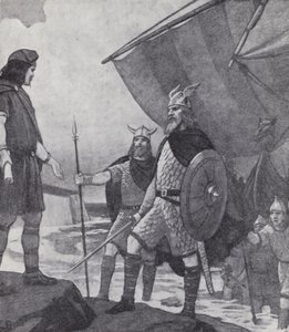Brothers Hengist and Horsa arriving at Ebbsfleet, Isle of Thanet, Kent, during the invasion by the Angles, Saxons and Jutes in the 5th century
