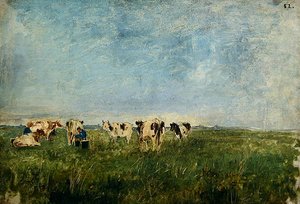 Cows in a Meadow Being Milked