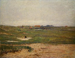 Farmstead with Woman Laying Out Washing