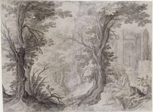 The Holy Magdalene in Solitude. The Emaciated Penitent Sits on an Elevation and Holds a Basket Beside Her. Above Her in the Background a Dilapidated Round Temple, a Free Copy of the Temple of the Sibyl in Tivoli, in Front a Cross. by Paul Bril