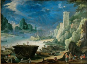Night Harbor Landscape with Lighthouse