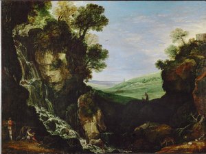 Landscape with Waterfall and Vesta Temple in Tivoli by Paul Brill or Bril