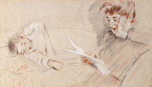 Madame Helleu Reading, with Paulette Lying Beside Her on a Sofa by Paul Cesar Helleu