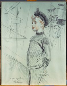 Portrait of a Young Boy in a Sailor Hat and Turtle-Neck, with Ships in the Background by Paul Cesar Helleu