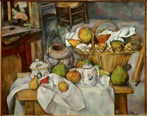 The Still Life kitchen table of a fruit basket poses on a table. Painting by Paul Cezanne