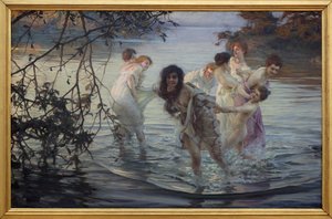Happy ebats. Young women having fun while swimming in the river. Painting by Paul Emile Chabas, circa 1899. Museum of Fine Arts of Nantes.