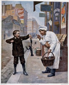 Young cook making fun of a kid pinched by a lobster - drawing by Chocarne-Moreau