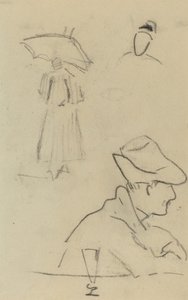 A Person Holding an Umbrella and a Seated Man with a Hat and a Glass