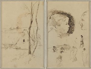 Landscape with a Cottage; Profile of Boy, Profile of Man, Two Women in a Landscape, and Five Other Studies (verso) by Paul Gauguin