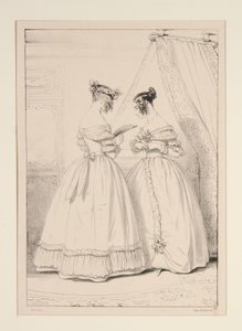 JANUARY 1838. Dress in crepe trimmed with a flounce of puffed tulle. by Paul Gavarni