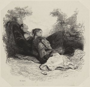 Two Women Resting in Garden by Paul Gavarni