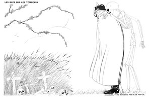 Death telling Kaiser Wilhelm that he will never eat bread made from wheat grown on the corpses and tombs of French soldiers, 13 April, 1916 by Paul Iribe