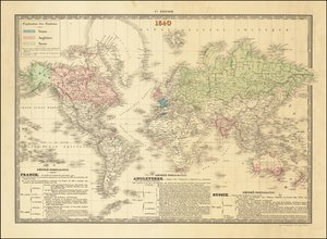 1840 French Map of the World Depicting the Territories of the British, French and Russian Empires