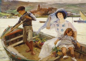 A Mother and Child Being Ferried Across a River with a Town Beyond