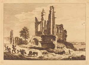 Ruined Abbey with Cattle and a Man Chopping Wood by Paul Sandby
