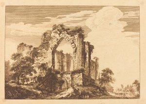 Ruins with a Seated Man, and a Covered Wagon in the Distance by Paul Sandby