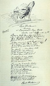 Poem sign of the French poet Paul Verlaine (1844-1896) with sketch of the representative during a reading. 21/11/1893