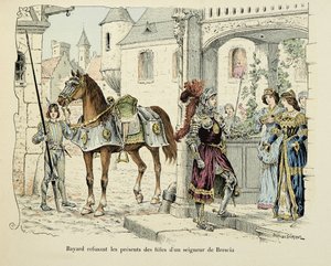 Illustration taken from the book Histoire du chevalier Bayard by Theodore Cahu, illustrated by Paul De Semant: Bayard refusing the presents of the daughters of a lord of Brescia 1512 by Paul de Semant