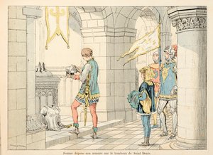 Illustration taken from the book Joan of Arc by Theodore Cahu and illustrated by Paul De Semant: Joan of Arc lays her armor on the tomb of Saint Denis by Paul de Semant