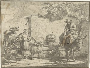 Woman and Man on a Donkey by a Water Well by Paul van Somer (II)