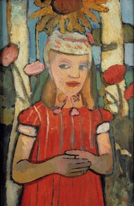 Girl in red dress in front of sunflower, 1907 by Paula Modersohn Becker