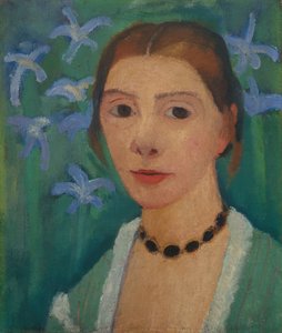 Self-portrait in Front of a Green Background with a Blue Iris by Paula Modersohn Becker