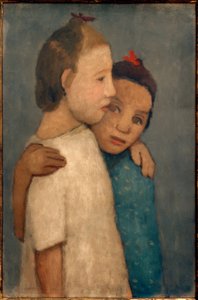 Two Girls in White and Blue Dress, Leaning on the School